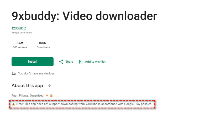 9xbuddy android app does not support YouTube