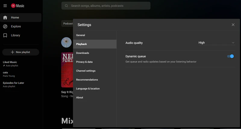set audio quality to high on youtube music