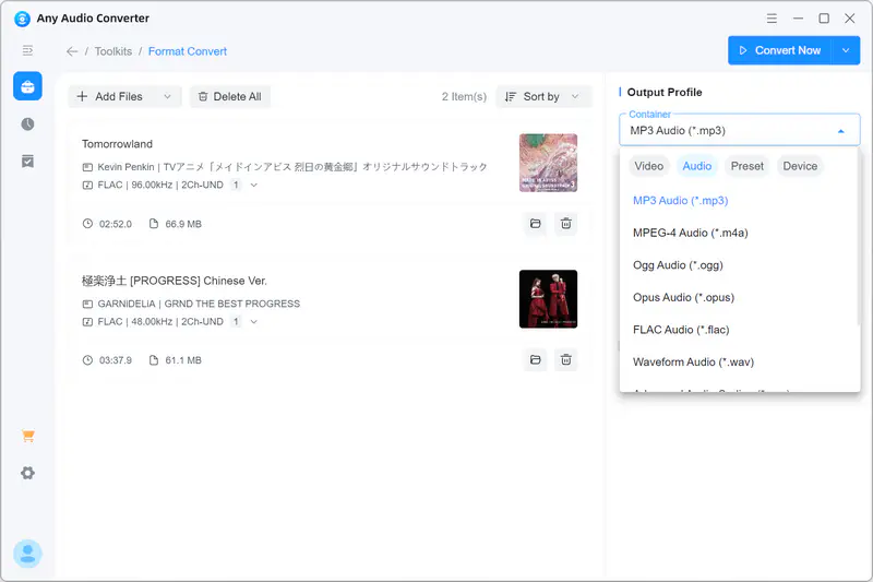 choose mp3 audio format